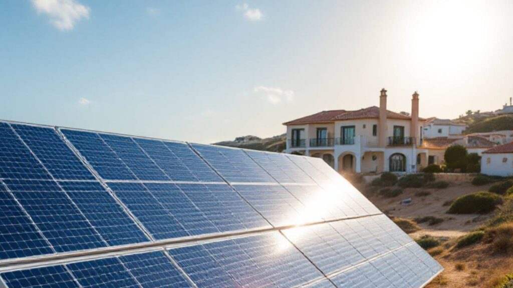 Solar power installations on a sunny beach in Algarve, Portugal